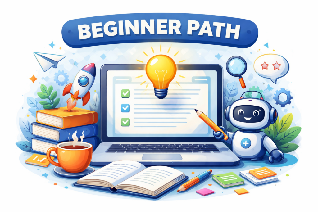 Feature image for the Beginner Path showing a laptop with a checklist, a glowing light bulb, books, an open notebook, a coffee cup, a rocket, and a friendly robot guide
