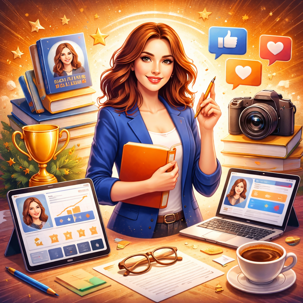 Illustration of an author surrounded by books, laptop, tablet, camera, trophy, social icons, and coffee in a bright branding workspace