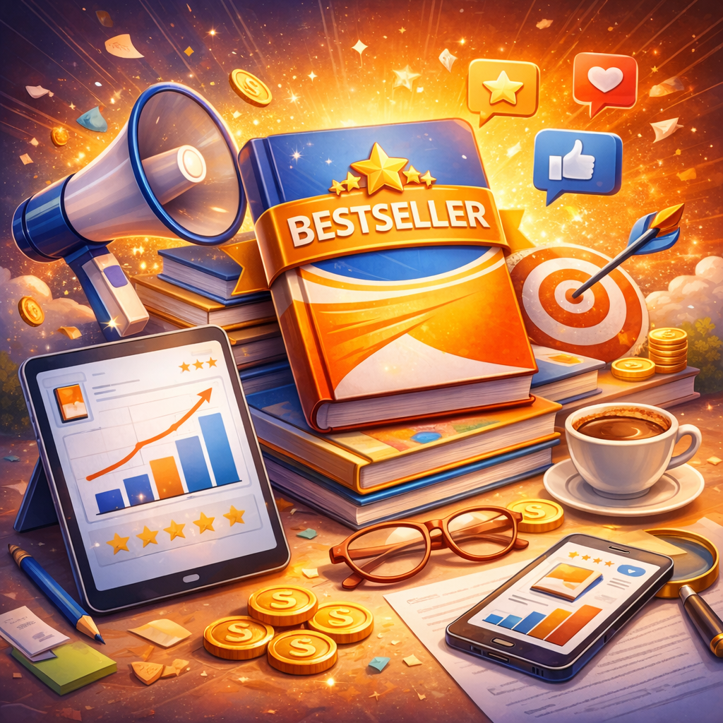 Illustration of book marketing tools with a featured book, megaphone, sales charts, social icons, target, coins, smartphone, and coffee cup