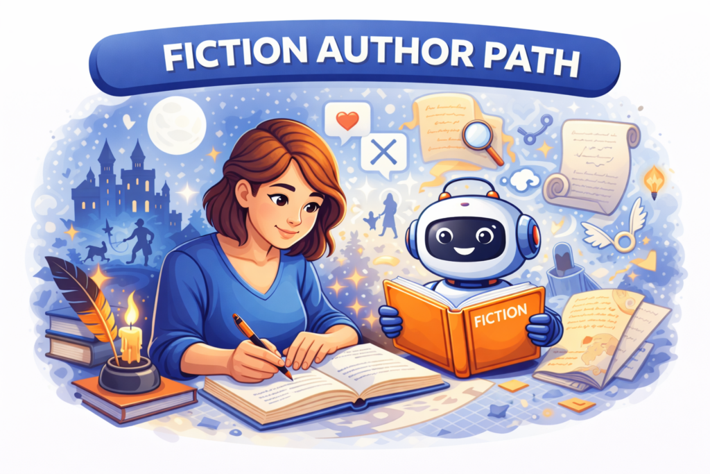 Feature image for the Fiction Author Path showing a writer drafting in a notebook beside a robot holding a book, with story-themed symbols like a castle, scrolls, moon, candle, and fantasy details