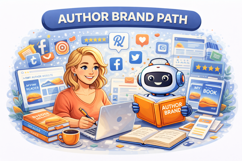 Feature image for the Author Brand Path showing an author at a laptop, a robot holding a book, website mockups, social icons, branding symbols, and reader-facing content