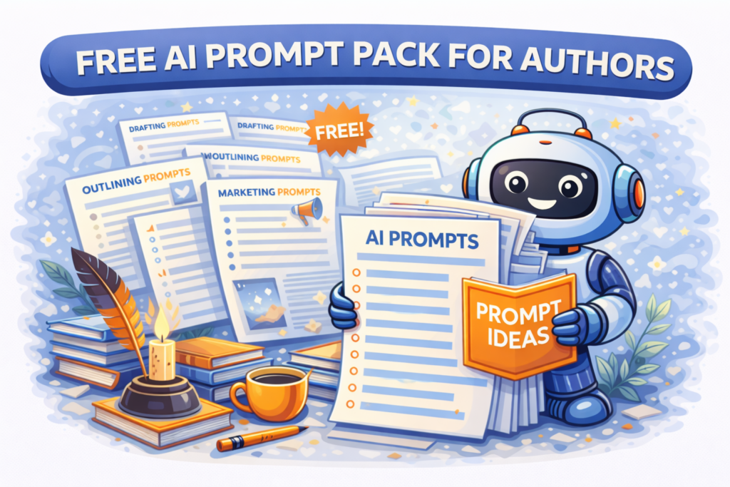 Feature image for the Free AI Prompt Pack for Authors showing a friendly robot holding prompt sheets, writing tools, books, and prompt pack materials in a blue and orange workspace scene