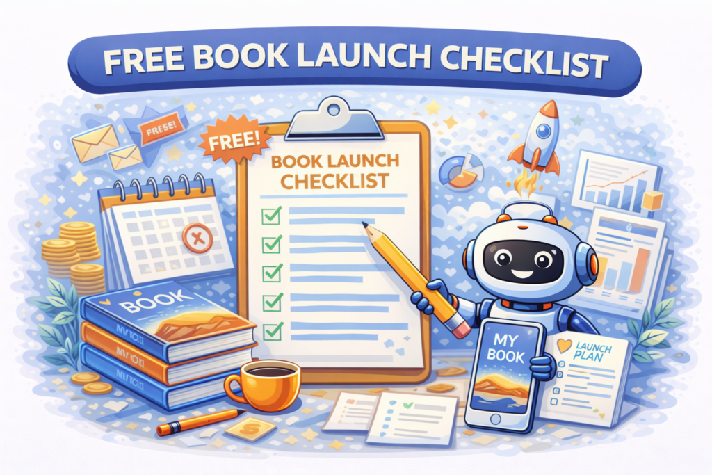 Feature image for the Free Book Launch Checklist showing a robot pointing to a launch checklist on a clipboard, with books, a phone, charts, coins, and a rocket in a blue and orange workspace scene