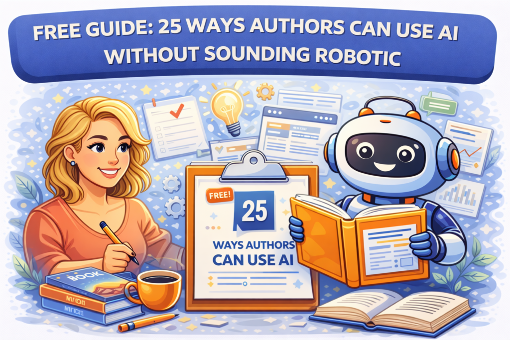 Feature image for the free guide on using AI without sounding robotic, showing an author, a robot assistant, a clipboard-style guide, writing tools, and content planning visuals