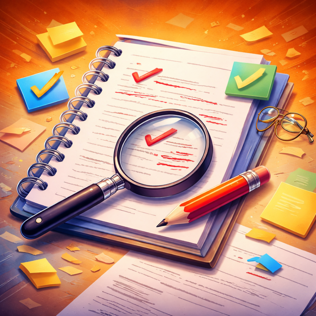 Illustration of editing tools with a marked manuscript, magnifying glass, pencil, sticky notes, and glasses on a desk