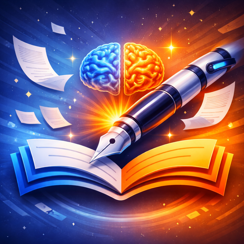 Illustration of an open book with a fountain pen, floating pages, and a glowing blue-and-orange brain against a dynamic blue and orange background