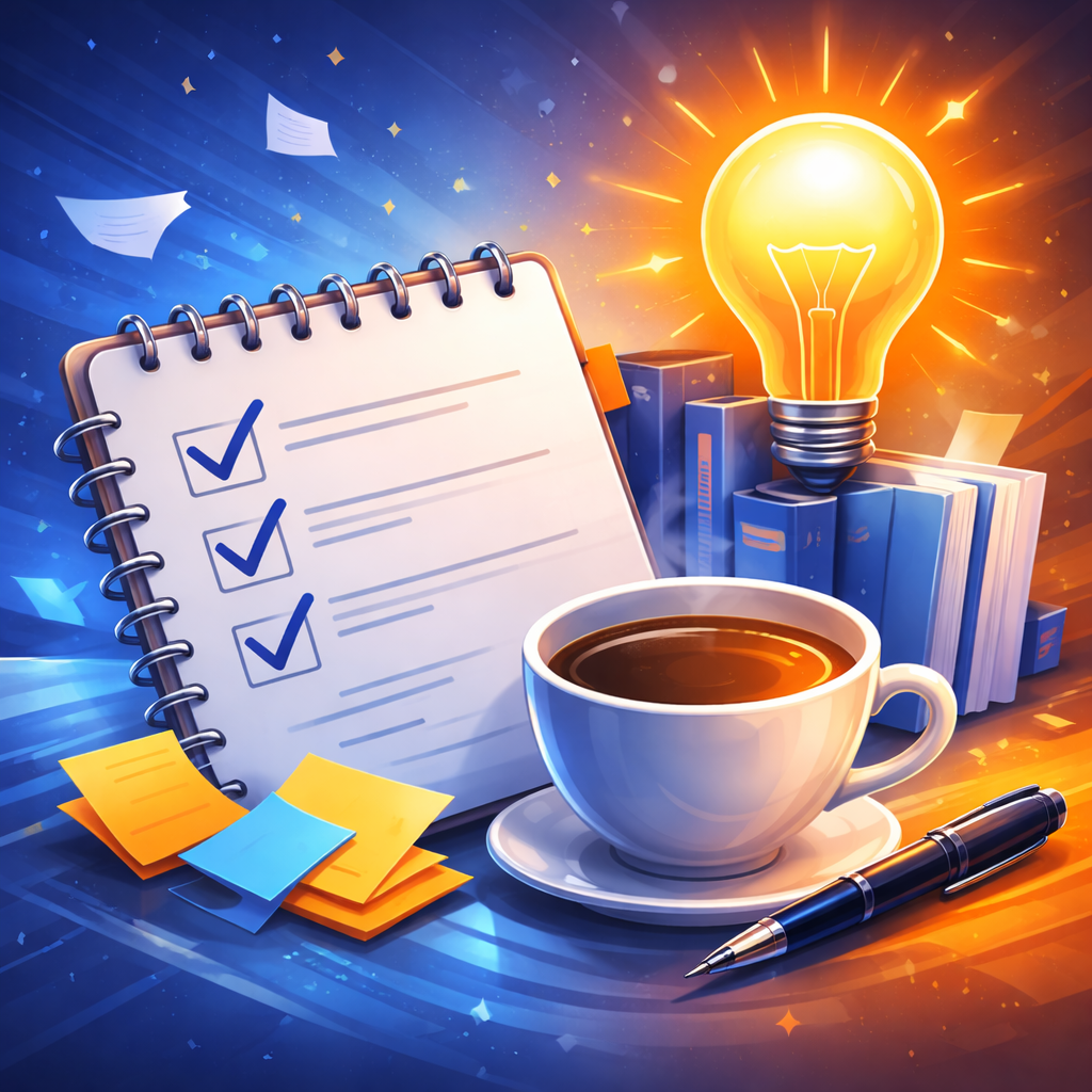 Illustration of a productive workspace with a checklist notebook, glowing light bulb, coffee cup, sticky notes, books, and pen in blue and orange tones