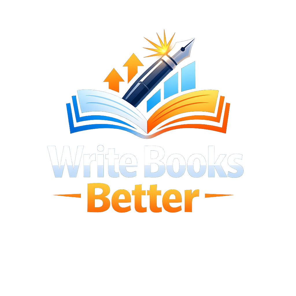 Logo for Write Books Better featuring an open book, fountain pen, and upward arrows in blue and orange tones