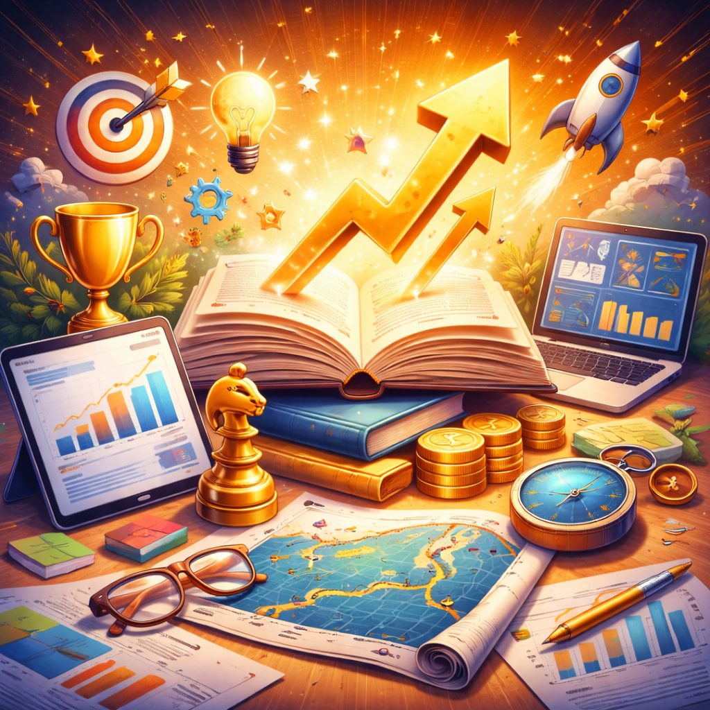 Illustration of advanced strategy tools with an open book, upward arrow, analytics screens, target, rocket, map, compass, coins, and chess piece