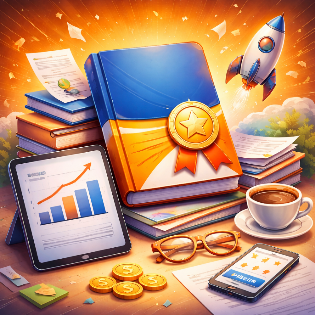 Illustration of self-publishing success with a featured book, tablet chart, rocket, coins, smartphone, glasses, and coffee cup
