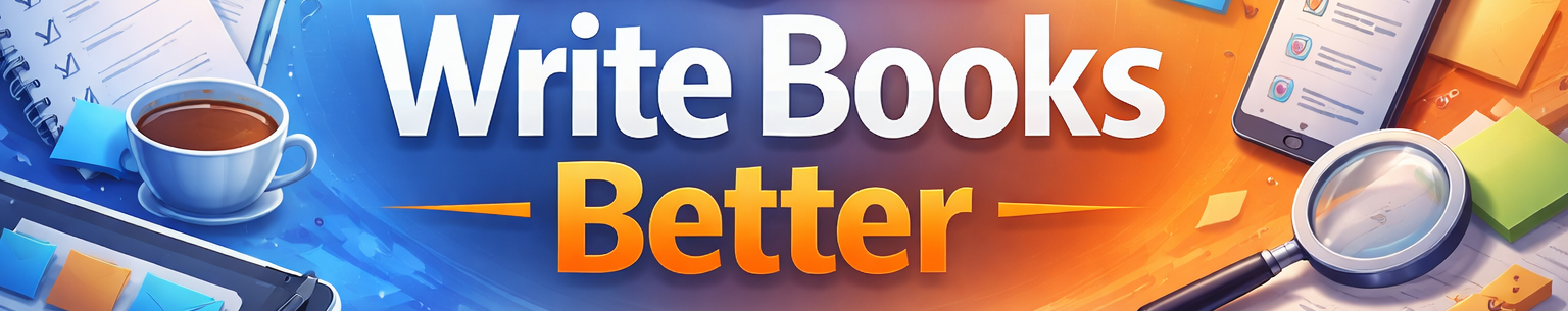 Write Books Better header image featuring an open book, fountain pen, and upward arrows in blue and orange tones