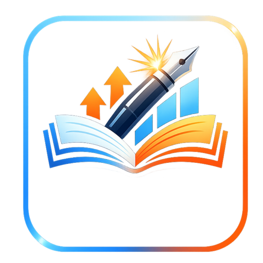 Site icon for Write Books Better featuring an open book, fountain pen, and upward arrows in blue and orange